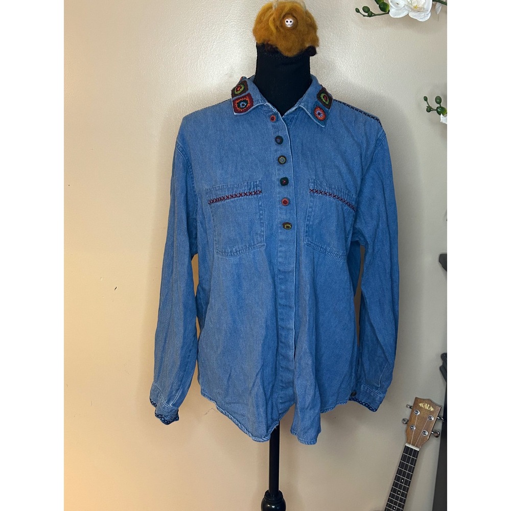 Koret City Blues Denim Shirt Crochet Granny Square Collar Boho Blue Medium Wash